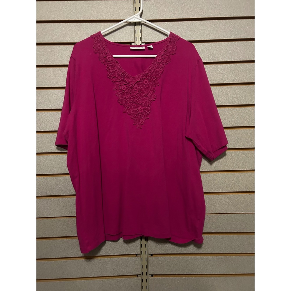 Susan Graver Magenta Lace V-Neck Short Sleeve Top Plus Size 3X Cotton Stretch